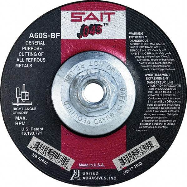 Sait - 60 Grit, 5" Wheel Diam, Type 27 Depressed Center Wheel - Extra Coarse Grade, Aluminum Oxide, S Hardness, 12,200 Max RPM - Caliber Tooling