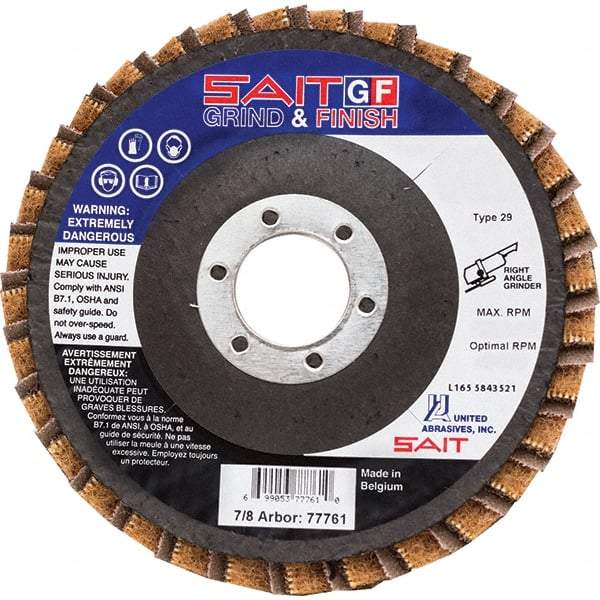 Sait - 150 Grit, 5" Disc Diam, 7/8" Center Hole, Type 29 Aluminum Oxide Flap Disc - 12,200 Max RPM, Fiberglass Backing, Arbor Attaching System, Coated & Non-Woven Combo - Caliber Tooling