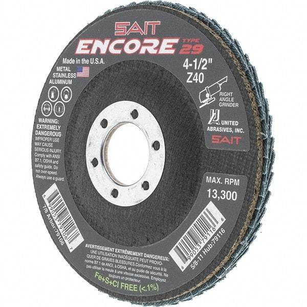 Sait - 40 Grit, 4-1/2" Disc Diam, 7/8" Center Hole, Type 29 Zirconia Alumina Flap Disc - 13,300 Max RPM, Fiberglass Backing, Arbor Attaching System, Coated - Caliber Tooling