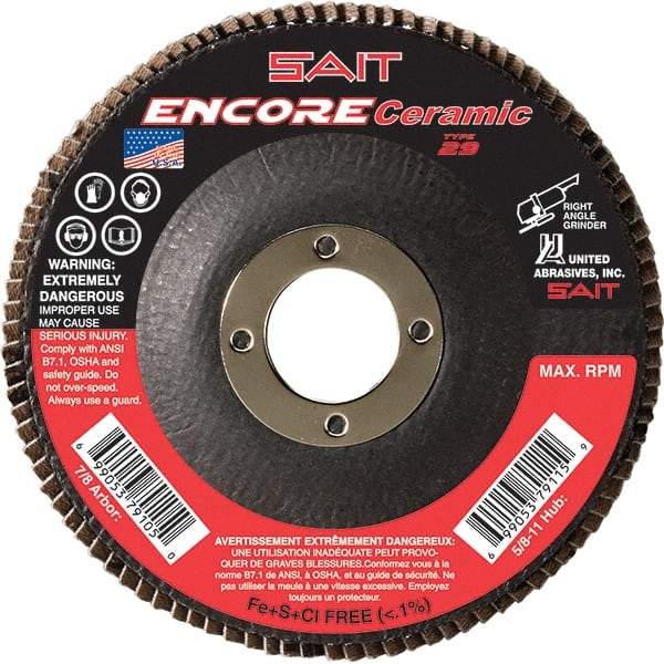 Sait - 60 Grit, 4-1/2" Disc Diam, 7/8" Center Hole, Type 27 Ceramic Flap Disc - 13,300 Max RPM, Fiberglass Backing, Arbor Attaching System, Coated - Caliber Tooling