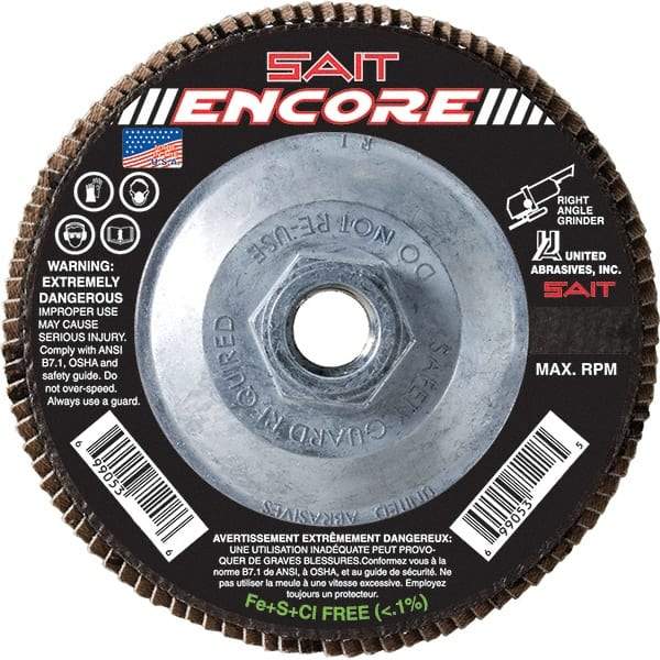 Sait - 120 Grit, 5" Disc Diam, 5/8-11 Center Hole, Type 27 Zirconia Alumina Flap Disc - 12,200 Max RPM, Fiberglass Backing, Arbor Attaching System, Coated - Caliber Tooling