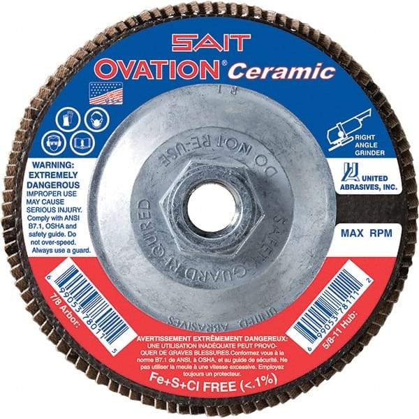 Sait - 80 Grit, 4-1/2" Disc Diam, 5/8-11 Center Hole, Type 27 Ceramic Flap Disc - 13,300 Max RPM, Fiberglass Backing, Arbor Attaching System, Coated - Caliber Tooling