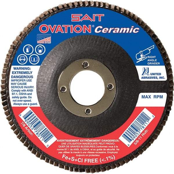 Sait - 60 Grit, 4-1/2" Disc Diam, 7/8" Center Hole, Type 27 Ceramic Flap Disc - 13,300 Max RPM, Fiberglass Backing, Arbor Attaching System, Coated - Caliber Tooling