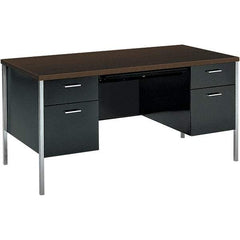 Hon - Woodgrain Laminate Double Pedestal Desk with Center Drawer - 60" Wide x 30" Deep x 29-1/2" High, Mocha/Black - Caliber Tooling