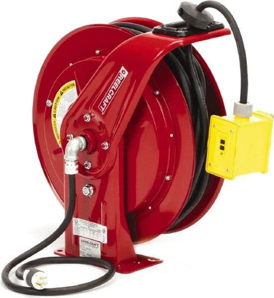 Reelcraft - 12 AWG, 100' Cable Length, Cord & Cable Reel with Duplex GFCI Outlet Box End - 2 Outlets, NEMA 5-20R, 20 Amps, 125 Volts, SEOOW Cable, Red Reel, Spring Driven Reel - Caliber Tooling