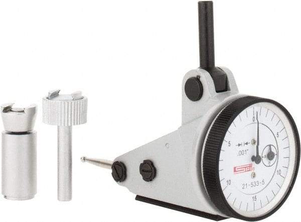 SPI - 0.06" Range, 0.001" Dial Graduation, Vertical Dial Test Indicator - 1-3/16" White Dial, 0-15-0 Dial Reading, Accurate to 0.0012" - Caliber Tooling