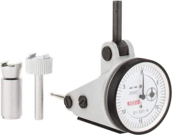 SPI - 0.06" Range, 0.0005" Dial Graduation, Vertical Dial Test Indicator - 1-3/16" White Dial, 0-15-0 Dial Reading, Accurate to 0.0012" - Caliber Tooling