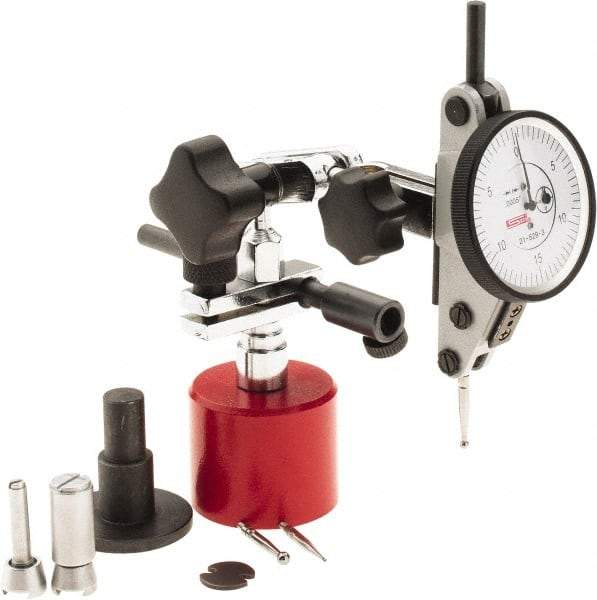 SPI - 9 Piece, 0" to 0.06" Measuring Range, 1-1/2" Dial Diam, 0-15-0 Dial Reading, White Dial Test Indicator Kit - 0.0012" Accuracy, 0.86" Contact Point Length, 0.079" Ball Diam, 0.0005" Dial Graduation - Caliber Tooling