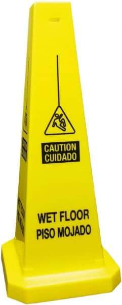 PRO-SAFE - Caution - Cuidado - Wet Floor - Piso Mojado, 10-1/2" Wide x 25-3/4" High, Polyethylene Floor Sign - English/Spanish, Cone, Black on Yellow, For Accident Prevention - Caliber Tooling