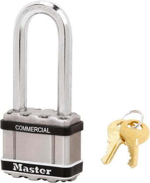 Master Lock - 2-1/2" Shackle Clearance, Keyed Alike Padlock - 3/8" Shackle Diam, Laminated Steel - Caliber Tooling