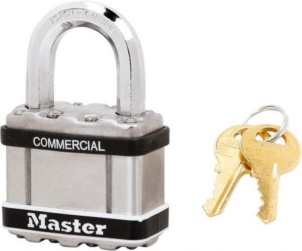 Master Lock - 1" Shackle Clearance, Keyed Alike Padlock - 3/8" Shackle Diam, Laminated Steel - Caliber Tooling