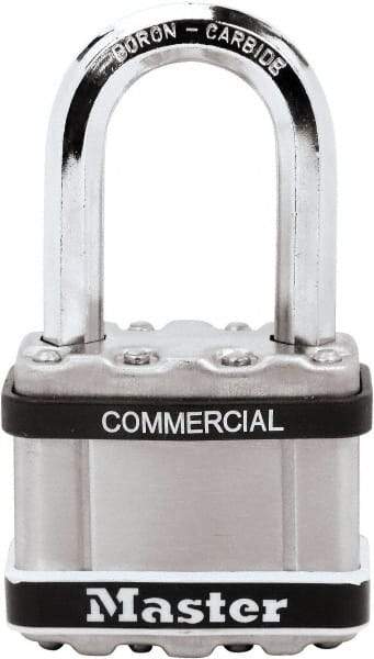 Master Lock - 1-1/2" Shackle Clearance, Keyed Different Padlock - 3/8" Shackle Diam, Laminated Steel - Caliber Tooling