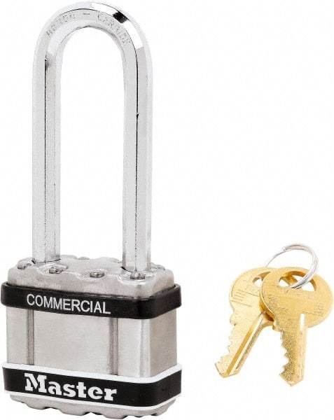 Master Lock - 2-1/2" Shackle Clearance, Keyed Different Padlock - 5/16" Shackle Diam, Laminated Steel - Caliber Tooling