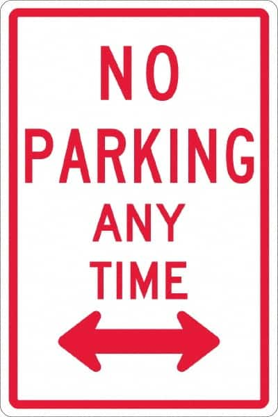 NMC - "No Parking Anytime", "Double Arrow", 12" Wide x 18" High, Aluminum No Parking & Tow Away Signs - 0.063" Thick, Red on White, Rectangle, Post Mount - Caliber Tooling