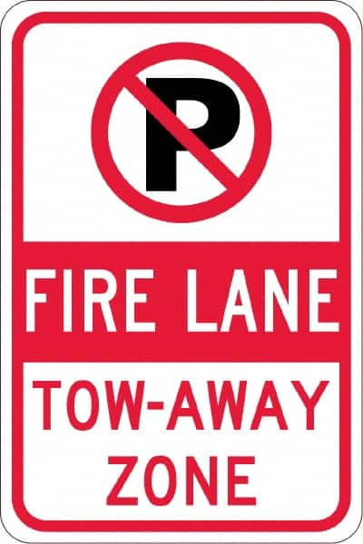 NMC - "Fire Lane Tow-Away Zone", "Strike on P", 12" Wide x 18" High, Aluminum No Parking & Tow Away Signs - 0.08" Thick, Red & Black on White, High Intensity Reflectivity, Rectangle, Post Mount - Caliber Tooling