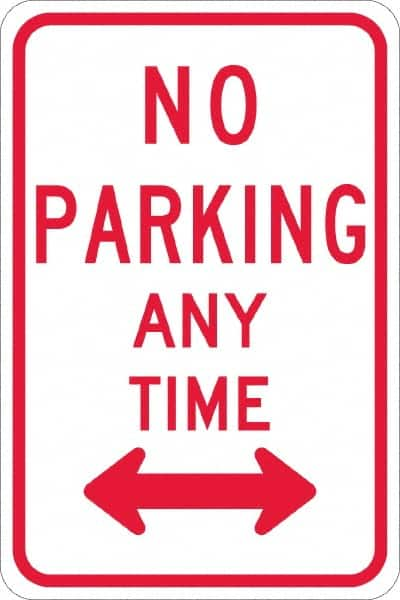 NMC - "No Parking Anytime", "Double Arrow", 12" Wide x 18" High, Aluminum No Parking & Tow Away Signs - 0.08" Thick, Red on White, Engineer Grade Reflectivity, Rectangle, Post Mount - Caliber Tooling