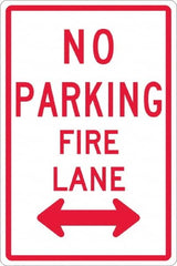 NMC - "No Parking - Fire Lane", "Double Arrow", 12" Wide x 18" High, Aluminum No Parking & Tow Away Signs - 0.08" Thick, Red on White, High Intensity Reflectivity, Rectangle, Post Mount - Caliber Tooling