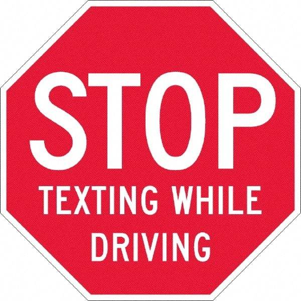 NMC - "Stop Texting While Driving", 12" Wide x 12" High, Plastic Warning & Safety Reminder Signs - 0.05" Thick, White on Red, Octagon, Wall Mount - Caliber Tooling