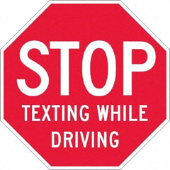 NMC - "Stop Texting While Driving", 12" Wide x 12" High, Plastic Warning & Safety Reminder Signs - 0.05" Thick, White on Red, Octagon, Wall Mount - Caliber Tooling