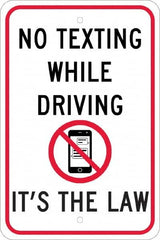 NMC - "No Texting While Driving It's The Law", "Strike on Cell Phone", 12" Wide x 18" High, Aluminum Warning & Safety Reminder Signs - 0.08" Thick, Red & Black on White, Engineer Grade Reflectivity, Rectangle, Post Mount - Caliber Tooling