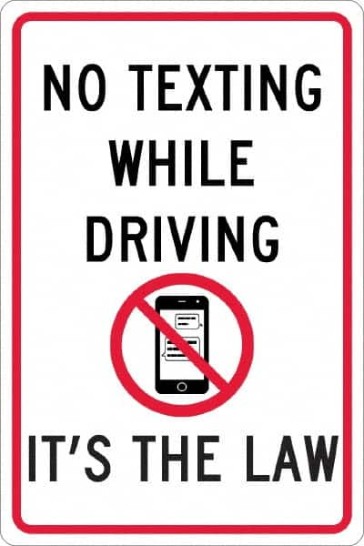 NMC - "No Texting While Driving It's The Law", "Strike on Cell Phone", 12" Wide x 18" High, Aluminum Warning & Safety Reminder Signs - 0.063" Thick, Red & Black on White, Rectangle, Post Mount - Caliber Tooling