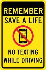 NMC - "Remember Save A Life No Texting While Driving", "Strike on Cell Phone", 12" Wide x 18" High, Aluminum Warning & Safety Reminder Signs - 0.063" Thick, Red & Black on Yellow, Rectangle, Post Mount - Caliber Tooling