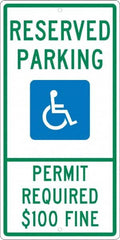 NMC - "Reserved Parking Permit Required $100 Fine", "Handicap Symbol", 12" Wide x 24" High, Aluminum ADA Signs - 0.063" Thick, Green & Blue on White, Rectangle, Post Mount - Caliber Tooling