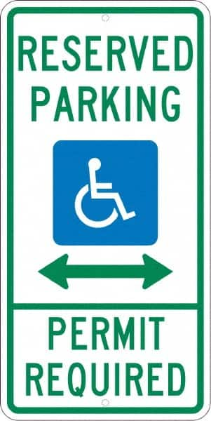 NMC - "Reserved Parking Permit Required", "Handicap Symbol", 12" Wide x 24" High, Aluminum ADA Signs - 0.08" Thick, Green & Blue on White, Engineer Grade Reflectivity, Rectangle, Post Mount - Caliber Tooling