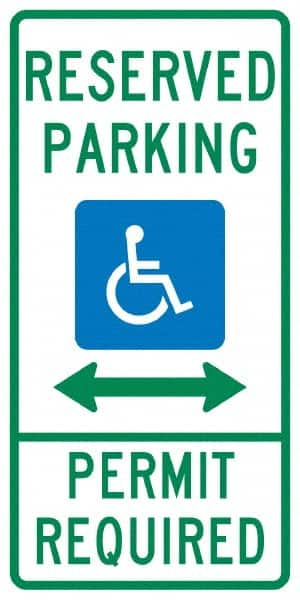 NMC - "Reserved Parking Permit Required", "Handicap Symbol", 12" Wide x 24" High, Aluminum ADA Signs - 0.04" Thick, Green & Blue on White, Rectangle, Post Mount - Caliber Tooling