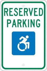 NMC - "Reserved Parking", "Handicap Symbol", 12" Wide x 18" High, Aluminum ADA Signs - 0.08" Thick, Green & Blue on White, Engineer Grade Reflectivity, Rectangle, Post Mount - Caliber Tooling