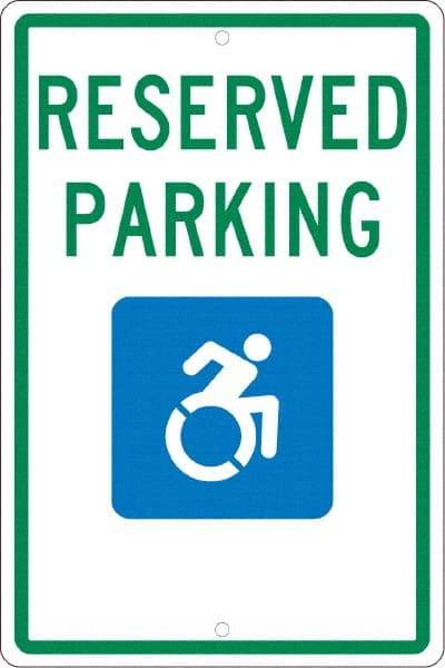 NMC - "Reserved Parking", "Handicap Symbol", 12" Wide x 18" High, Aluminum ADA Signs - 0.063" Thick, Green & Blue on White, Rectangle, Post Mount - Caliber Tooling