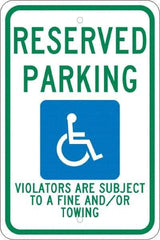 NMC - "Reserved Parking Violators Are Subject To A Fine And/Or Towing", "Handicap Symbol", 12" Wide x 18" High, Aluminum ADA Signs - 0.08" Thick, Green & Blue on White, Engineer Grade Reflectivity, Rectangle, Post Mount - Caliber Tooling