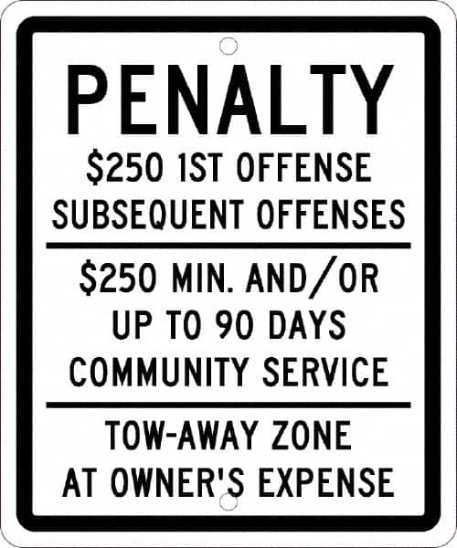 NMC - "Penalty $250 1St Offense Subsequent Offenses $250 Min. And/Or Up To 90 Days Community Service Tow-Away Zone At Owner's Expense", "Handicap Symbol", 10" Wide x 12" High, Aluminum ADA Signs - 0.063" Thick, Green & Blue on White, Rectangle, Post Mount - Caliber Tooling