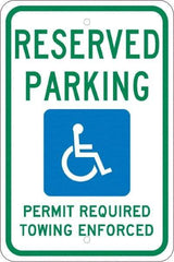 NMC - "Reserved Parking Permit Required Towing Enforced", "Handicap Symbol", 12" Wide x 18" High, Aluminum Reserved Parking Signs - 0.08" Thick, Green & Blue on White, Engineer Grade Reflectivity, Rectangle, Post Mount - Caliber Tooling