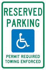 NMC - "Reserved Parking Permit Required Towing Enforced", "Handicap Symbol", 12" Wide x 18" High, Aluminum Reserved Parking Signs - 0.04" Thick, Green & Blue on White, Rectangle, Post Mount - Caliber Tooling