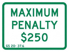 NMC - "Maximum Penalty $250", 12" Wide x 9" High, Aluminum No Parking & Tow Away Signs - 0.04" Thick, Green on White, Rectangle, Post Mount - Caliber Tooling