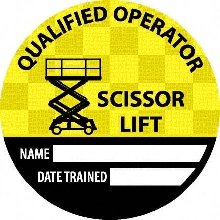 NMC - Safety Trained Scissor Lift - Name ____ Date Trained ____, Hard Hat Label - Round, Yellow, Black, White, 0.004" Thick, Indoor or Outdoor, Adhesive Backed, For Accident Prevention - Caliber Tooling