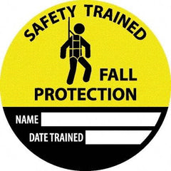 NMC - Safety Trained Fall Protection - Name ____ Date Trained ____, Hard Hat Label - Round, Yellow, Black, White, 0.004" Thick, Indoor or Outdoor, Adhesive Backed, For Accident Prevention - Caliber Tooling