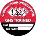 NMC - Globally Harmonized System GHS Trained - Name ____ Date Trained ____, Hard Hat Label - Round, Black & White on Red, 0.004" Thick, Indoor or Outdoor, Adhesive Backed, For Accident Prevention - Caliber Tooling