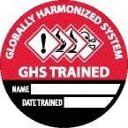 NMC - Globally Harmonized System GHS Trained - Name ____ Date Trained ____, Hard Hat Label - Diamond, Black & White on Red, 0.004" Thick, Indoor or Outdoor, Adhesive Backed, For Accident Prevention - Caliber Tooling