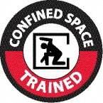 NMC - Confined Space Trained, Hard Hat Label - Round, Black & Red on White, 0.004" Thick, Indoor or Outdoor, Adhesive Backed, For Accident Prevention - Caliber Tooling