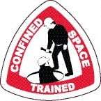 NMC - Confined Space Trained, Hard Hat Label - Triangle, Black & Red on White, 0.004" Thick, Indoor or Outdoor, Adhesive Backed, For Accident Prevention - Caliber Tooling