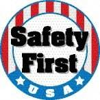 NMC - Safety First USA, Hard Hat Label - Round, Red, White, Blue & Black on White, 0.004" Thick, Indoor or Outdoor, Adhesive Backed, For Accident Prevention - Caliber Tooling