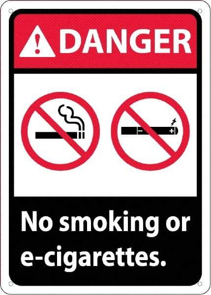 NMC - "Danger - No Smoking or E-Cigarettes", 10" Long x 14" Wide, Rigid Plastic Safety Sign - Rectangle, Use for Smoking Regulations - Caliber Tooling