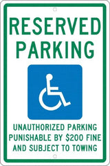 NMC - "Reserved Parking Unauthorized Parking Punishable By $200 Fine And Subject To Towing", "Handicap Symbol", 12" Wide x 18" High, Aluminum ADA Signs - 0.063" Thick, Green & Blue on White, Rectangle, Post Mount - Caliber Tooling