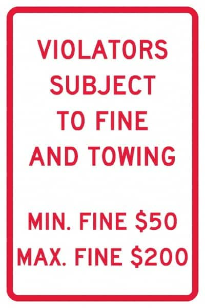 NMC - "Violators Subject To Fine And Towing, Min. Fine $50 Max Fine $200", 12" Wide x 18" High, Aluminum Reserved Parking Signs - 0.04" Thick, Red on White, Rectangle, Post Mount - Caliber Tooling