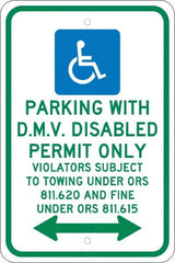 NMC - "Parking With D.M.V. Disabled Permit Only", "Double Arrow, Handicapped Symbol", 12" Wide x 18" High, Aluminum ADA Signs - 0.08" Thick, Green & Blue on White, Engineer Grade Reflectivity, Rectangle, Post Mount - Caliber Tooling