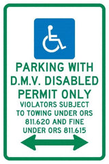 NMC - "Parking With D.M.V. Disabled Permit Only", "Double Arrow, Handicapped Symbol", 12" Wide x 18" High, Aluminum ADA Signs - 0.04" Thick, Green & Blue on White, Rectangle, Post Mount - Caliber Tooling