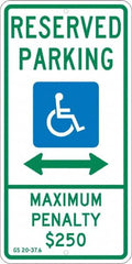 NMC - "Reserved Parking Maximum Penalty $250", "Double Arrow, Handicapped Symbol", 12" Wide x 24" High, Aluminum ADA Signs - 0.08" Thick, Green & Blue on White, Engineer Grade Reflectivity, Rectangle, Post Mount - Caliber Tooling