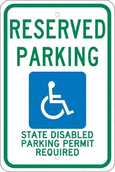 NMC - "Reserved Parking State Disabled Parking Permit Required", "Handicap Symbol", 12" Wide x 18" High, Aluminum ADA Signs - 0.08" Thick, Green & Blue on White, Engineer Grade Reflectivity, Rectangle, Post Mount - Caliber Tooling